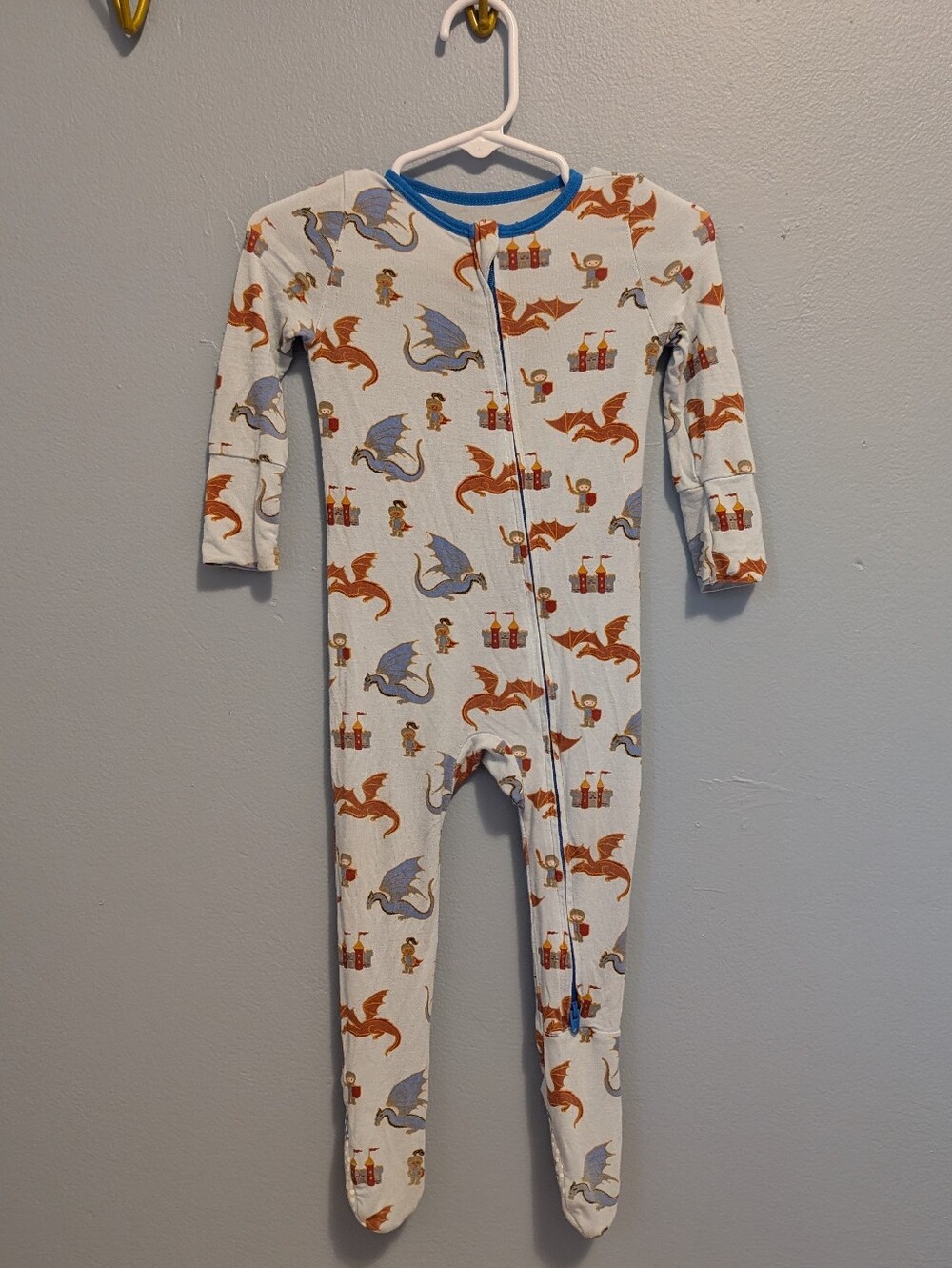 Free Birdees Castle Knight Dragon Print Footed One-Piece Pajamas - Blue Trim